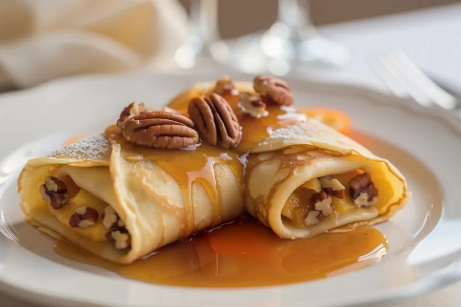 Two baked rolled crepes with a rich buttery kumquat and pecan filling, topped with warm kumquat-brandy sauce and crunchy toasted pecans.