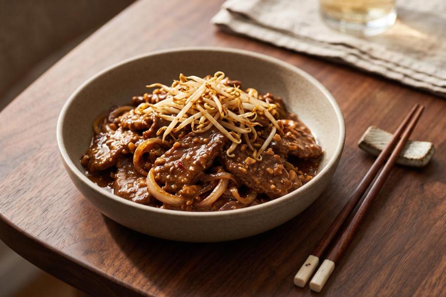 A cream stoneware bowl of glossy stir-fried beef strips in a thick, dark savory sauce, topped with a tangle of fresh bean sprouts and flecked with chili and garlic, on a warm wood table with chopsticks resting alongside. Synthetic (AI-generated) image.