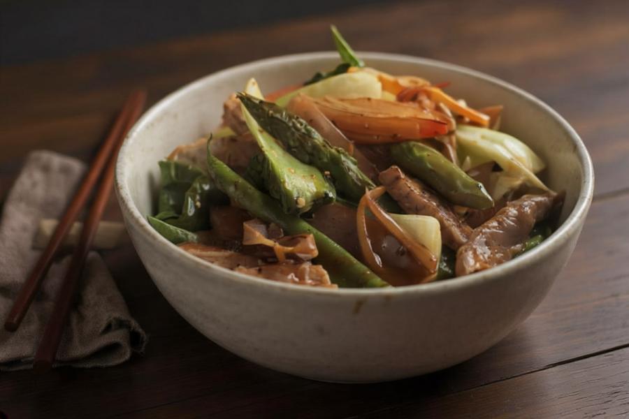 A pale stoneware bowl of pork and vegetable stir-fry — strips of pork with green asparagus, flat green beans, onion wedges, and red bell pepper in a light glossy sauce — on a dark wood table with chopsticks resting on a linen napkin. Synthetic (AI-generated) image.