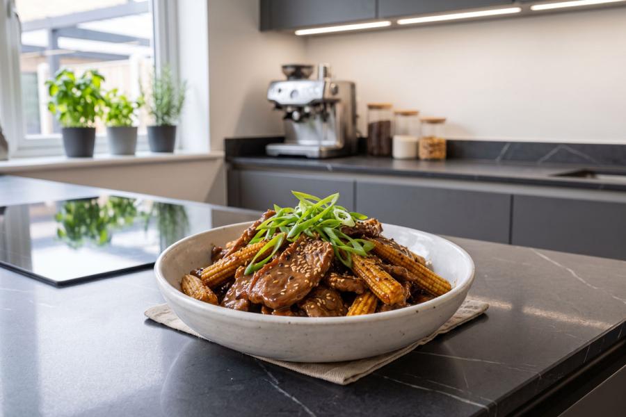 A bowl of glossy teriyaki beef with baby corn, garnished with sliced green onions and sesame seeds, on a dark countertop in a modern kitchen, synthetic image.