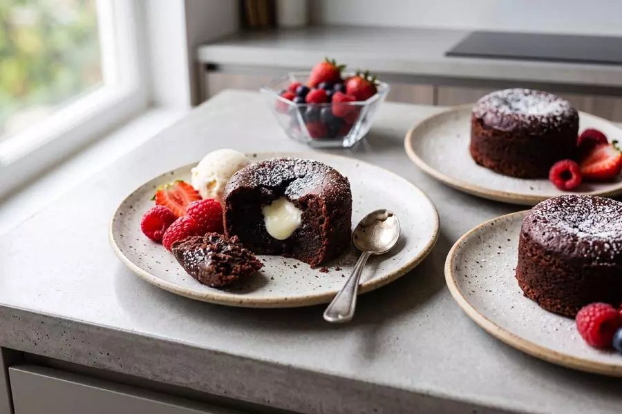 A chocolate lava cake cut open to reveal a molten vanilla center, dusted with powdered sugar and served with a scoop of ice cream, fresh berries, and a spoon, with two more lava cakes on plates in the background.