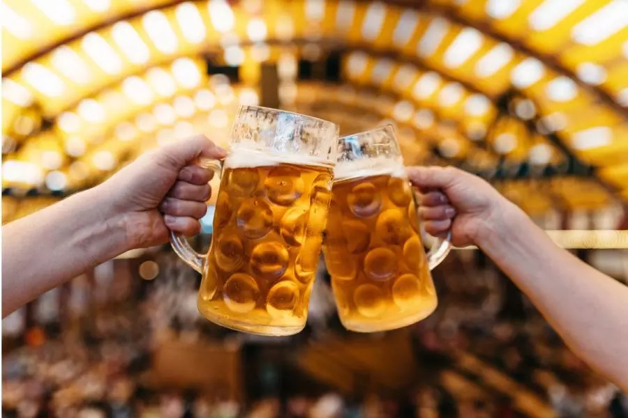 Two hands clinking one-litre dimpled glass beer steins full of pale lager inside an Oktoberfest tent, the yellow ceiling and lights blurred behind them