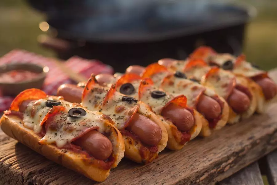 Row of grilled pizza hot dogs topped with melted mozzarella, pepperoni and black olives on a rustic wooden board