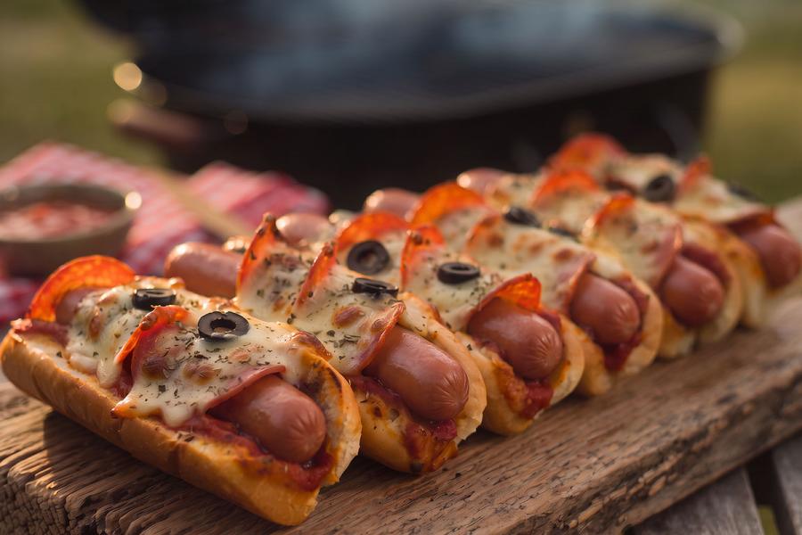 Row of grilled pizza hot dogs topped with melted mozzarella, pepperoni and black olives on a rustic wooden board