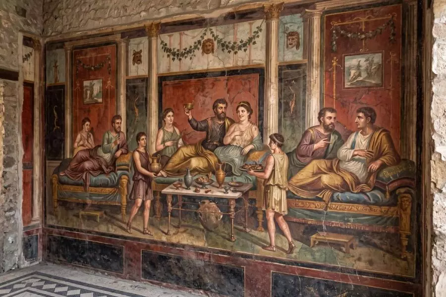 Ancient Roman fresco depicting a banquet scene, with guests reclining on couches, servants bringing food and wine, and a richly decorated dining room with columns and garlands.