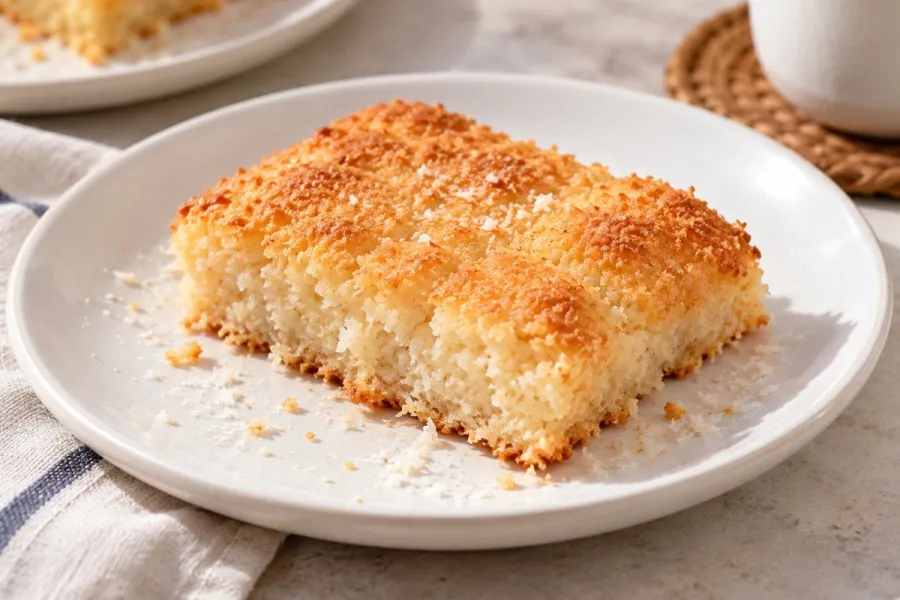 A square slice of golden-topped coconut semolina cake on a white plate, with crumbs and flakes of coconut scattered around