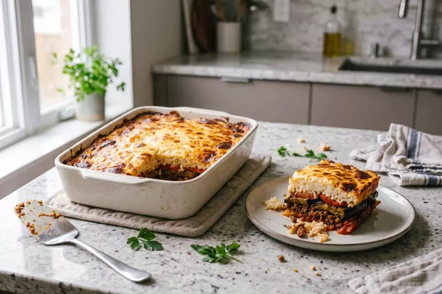 A baked Egyptian rice-and-béchamel casserole in a white dish with a golden, bubbling cheese top, next to a cut slice on a plate showing layers of spiced ground meat, eggplant and tomato under creamy rice.