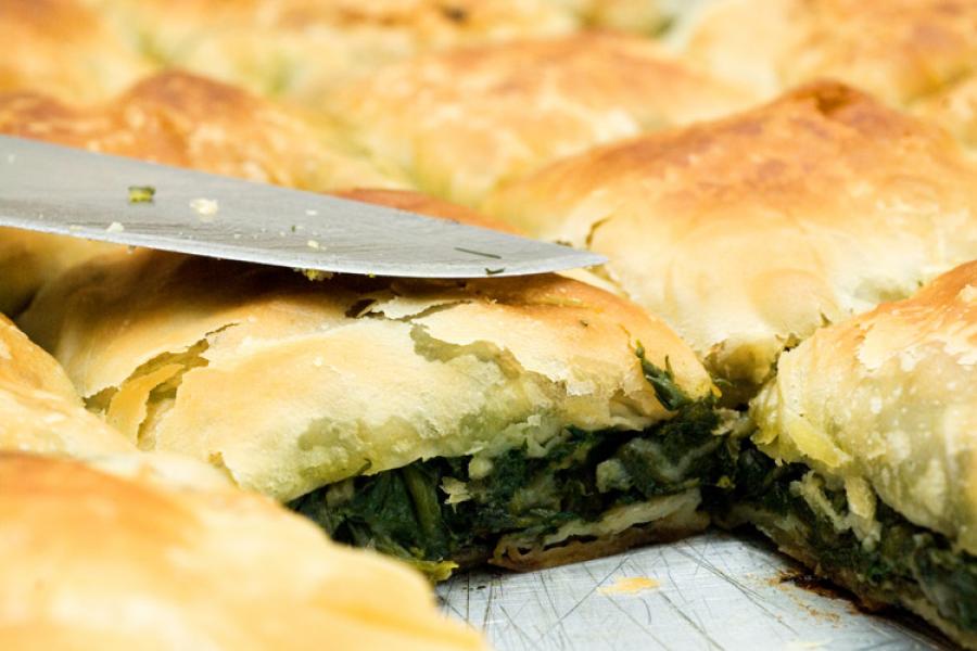 Detail of spanakopita, a spnach an feta filo pastry pie.