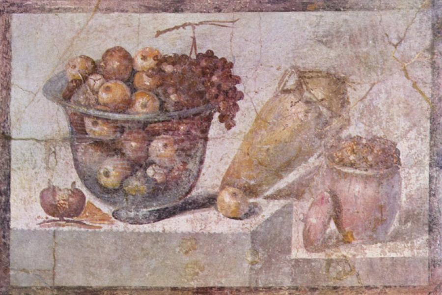 Mosaic glass bowl with fruit from Pompeii.