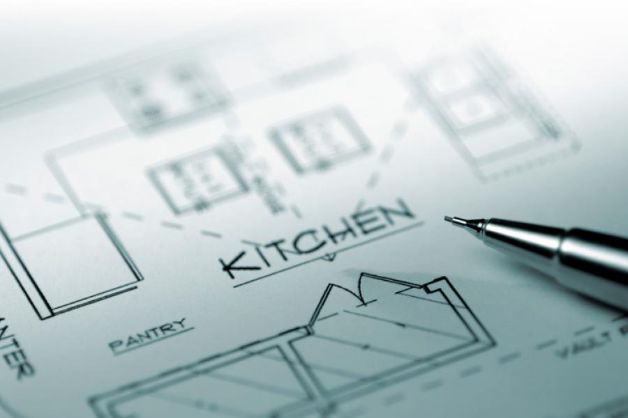 Plans for the kitchen area in a home.