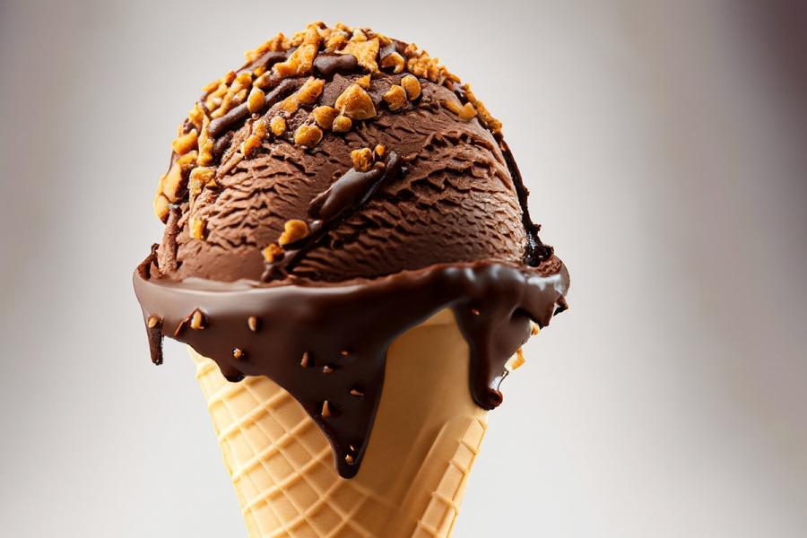Double chocolate toffee ice cream in a chocolate dipped cone, generative AI.