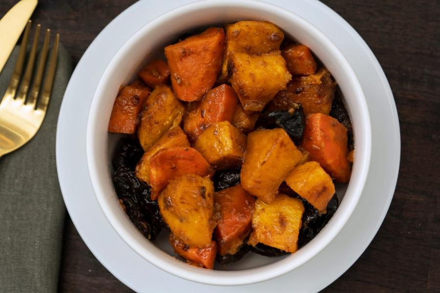 Tzimmes with carrots, sweet potato and prunes.