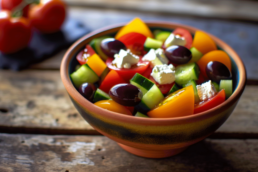 A bowl with horiatiki, a classic Greek salad with tomatoes, cucumbers, olives, and feta cheese.